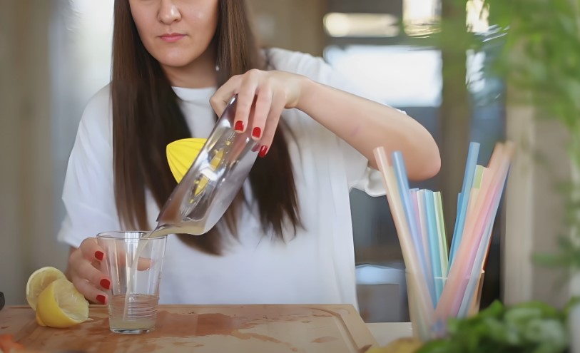 A woman pours squeezed lemon juice into a glass