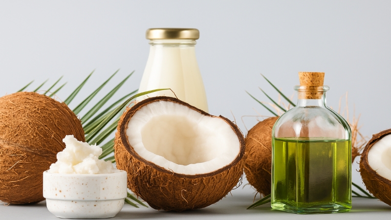Coconuts, coconut milk, and oil displayed together, highlighting natural sources of medium-chain fatty acids like MCT oil