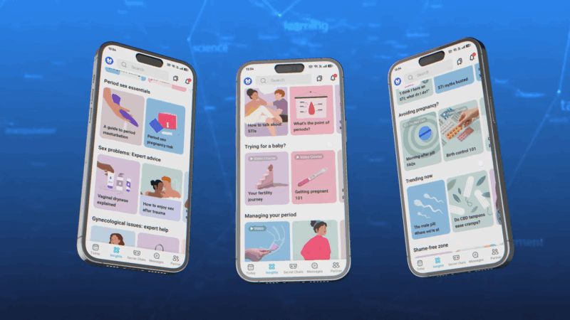 Three smartphones display different screens of popular period tracking apps