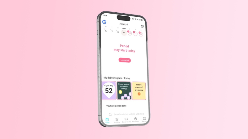 A smartphone shows a period tracking app screen with cycle details and pregnancy chance insights