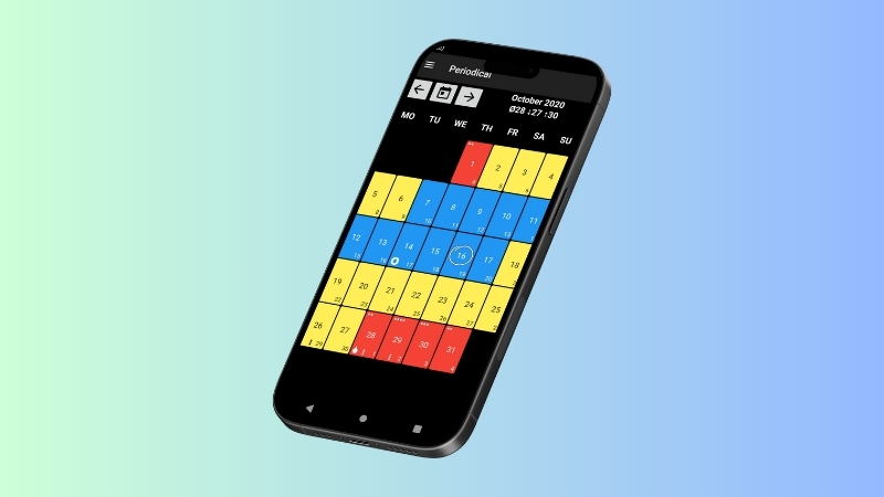 A smartphone displays the Periodical app’s colorful calendar interface for tracking menstrual cycles securely