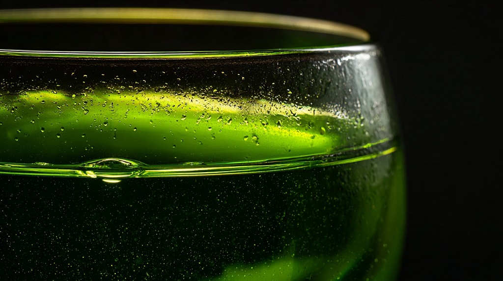 Close-up of a glass filled with Chlorophyll Water, highlighting condensation and green hue