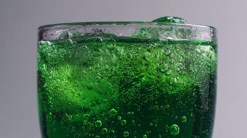 Fizzy chlorophyll water in a clear glass, showcasing vivid green color and bubbles