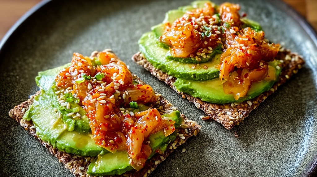 Seed crackers topped with avocado slices and kimchi, garnished with sesame seeds and herbs, served on a dark plate