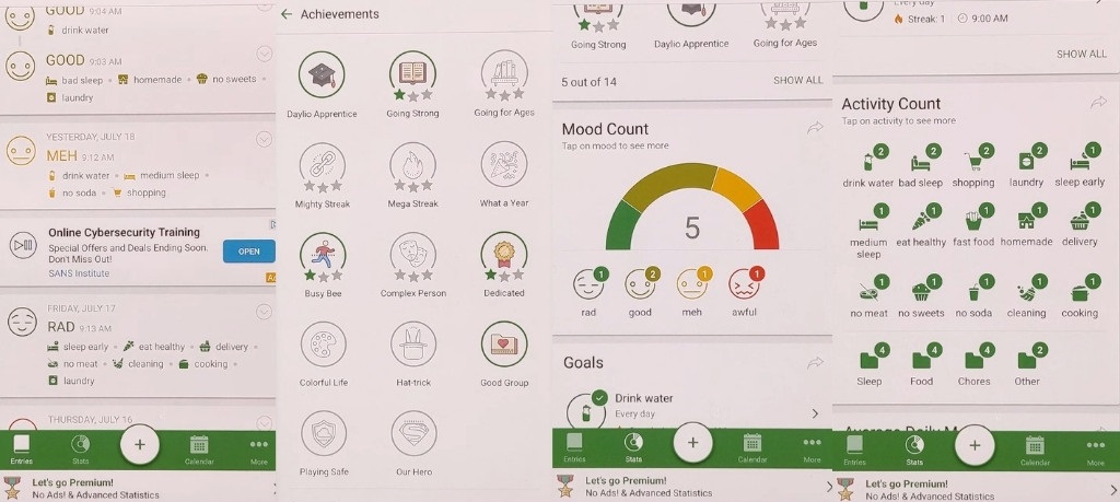 Screenshots of the Daylio app showing mood logs, achievements, statistics, and activity tracking