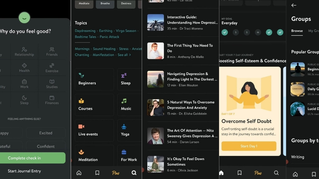Screenshots of the Insight Timer app showing meditation check-ins, guided sessions, self-growth programs, and community groups