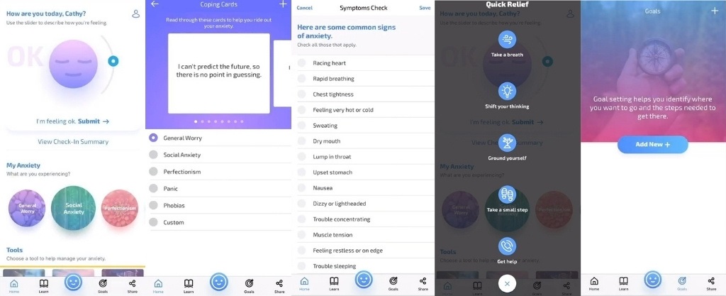 Screenshots of the MindShift app showing anxiety check-ins, coping cards, quick relief tools, and goal-setting features