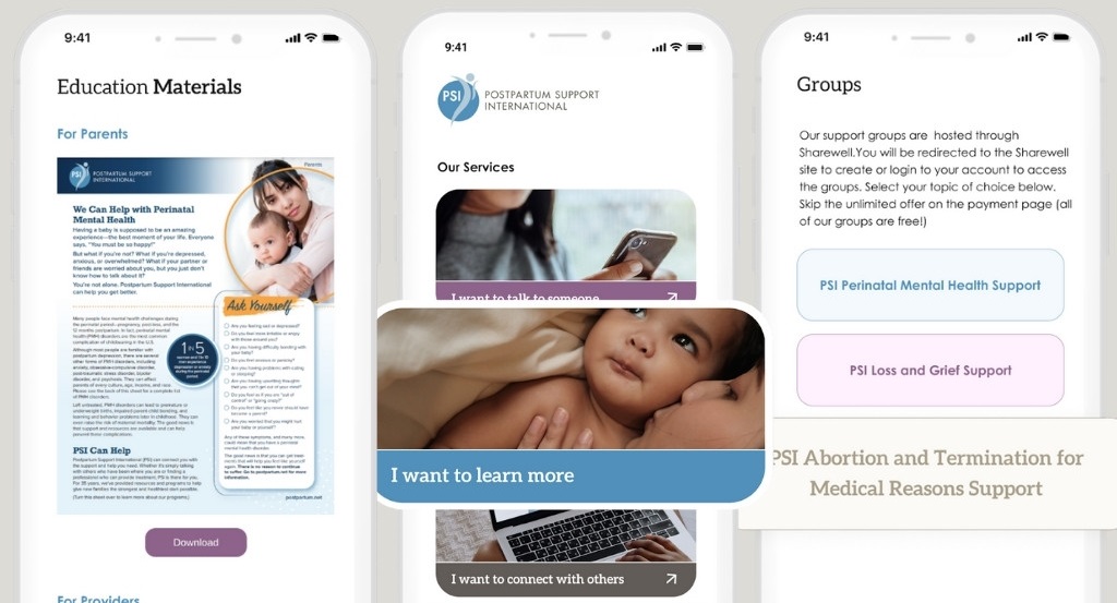 Smartphone screens displaying the Postpartum Support International app with educational resources, maternal support services, and group connections