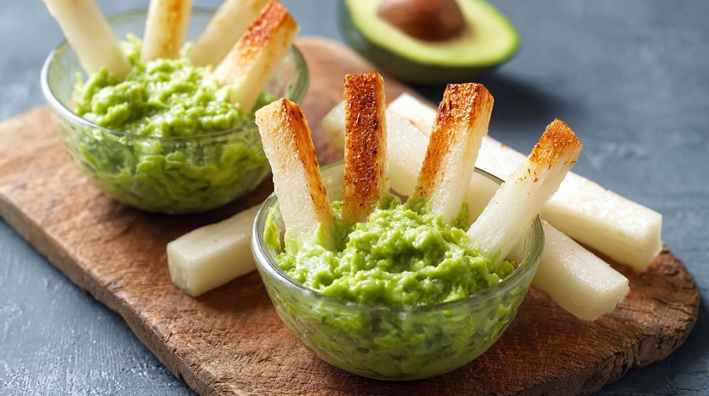 Glass bowls filled with guacamole topped with crispy jicama sticks, served on a wooden board with fresh avocado in the background