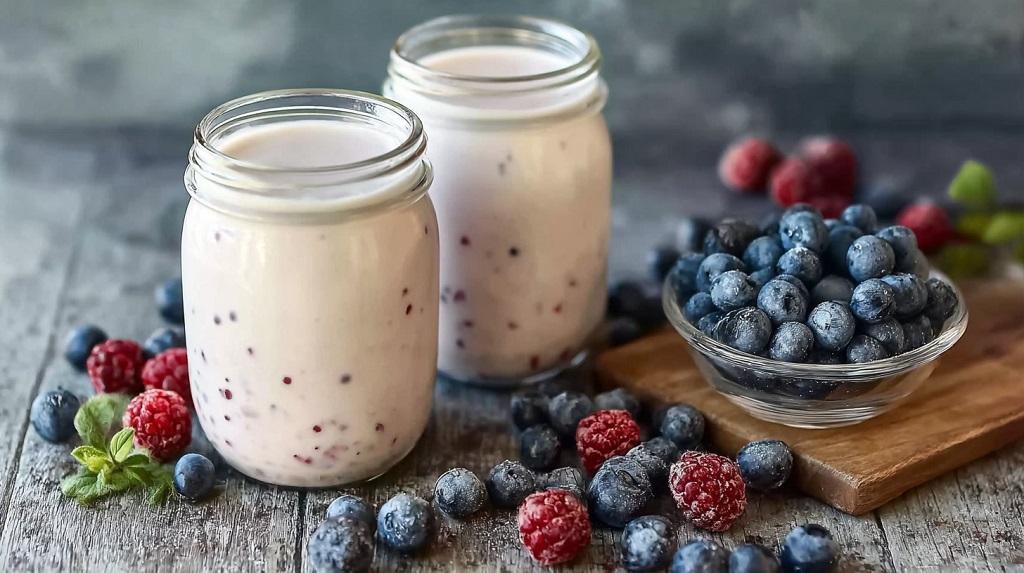Two jars of kefir with berries on a rustic wooden table, surrounded by fresh blueberries and raspberries