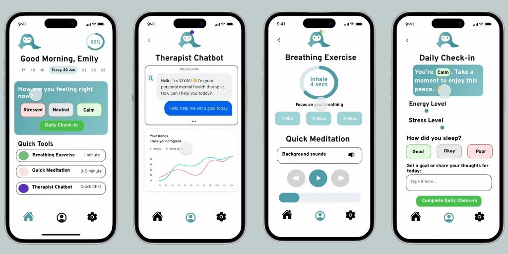 Wysa app interface showing chatbot-based mental health support with tools for CBT, mindfulness, and crisis response