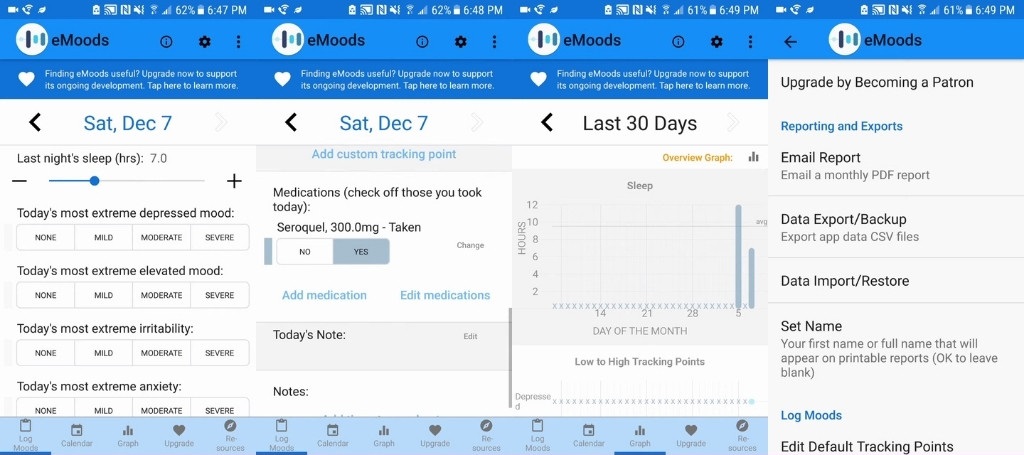 Screenshots of the eMoods app interface showing mood tracking, sleep logs, medication records, and export options
